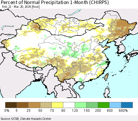 China, Mongolia and Taiwan Percent of Normal Precipitation 1-Month (CHIRPS) Thematic Map For 2/21/2024 - 3/20/2024