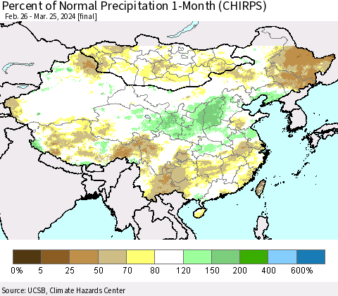 China, Mongolia and Taiwan Percent of Normal Precipitation 1-Month (CHIRPS) Thematic Map For 2/26/2024 - 3/25/2024