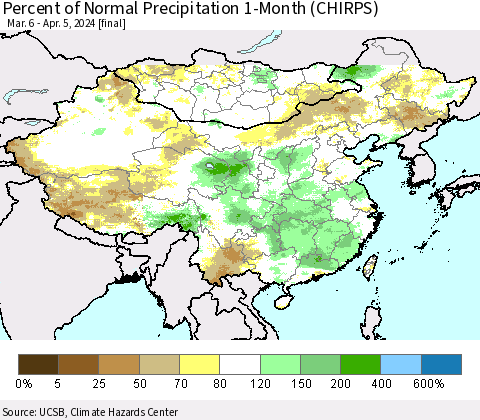 China, Mongolia and Taiwan Percent of Normal Precipitation 1-Month (CHIRPS) Thematic Map For 3/6/2024 - 4/5/2024
