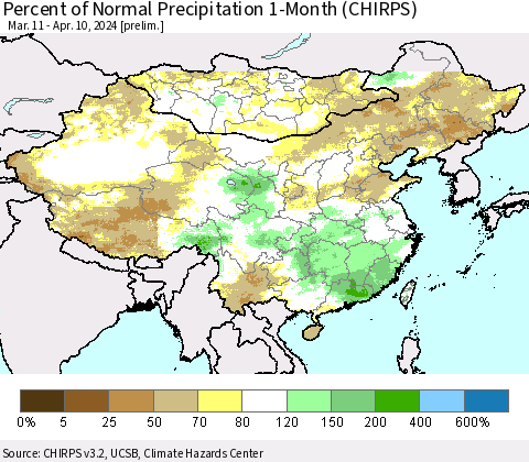 China, Mongolia and Taiwan Percent of Normal Precipitation 1-Month (CHIRPS) Thematic Map For 3/11/2024 - 4/10/2024