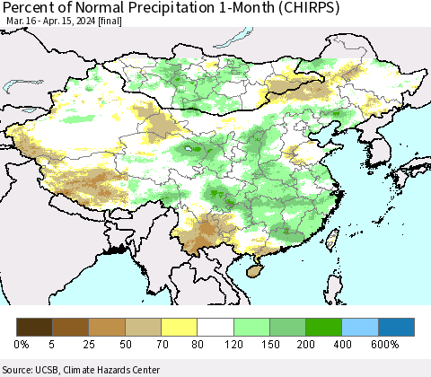 China, Mongolia and Taiwan Percent of Normal Precipitation 1-Month (CHIRPS) Thematic Map For 3/16/2024 - 4/15/2024
