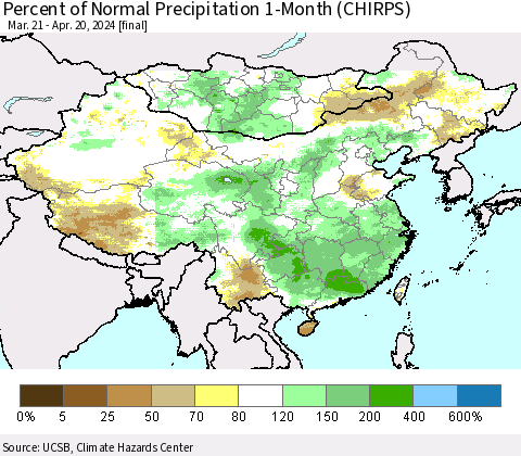 China, Mongolia and Taiwan Percent of Normal Precipitation 1-Month (CHIRPS) Thematic Map For 3/21/2024 - 4/20/2024