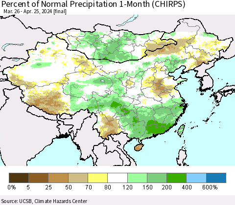 China, Mongolia and Taiwan Percent of Normal Precipitation 1-Month (CHIRPS) Thematic Map For 3/26/2024 - 4/25/2024