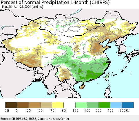 China, Mongolia and Taiwan Percent of Normal Precipitation 1-Month (CHIRPS) Thematic Map For 3/26/2024 - 4/25/2024