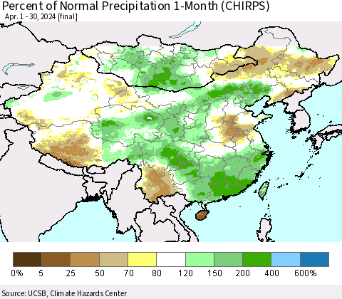 China, Mongolia and Taiwan Percent of Normal Precipitation 1-Month (CHIRPS) Thematic Map For 4/1/2024 - 4/30/2024