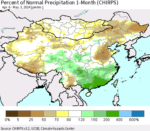 China, Mongolia and Taiwan Percent of Normal Precipitation 1-Month (CHIRPS) Thematic Map For 4/6/2024 - 5/5/2024