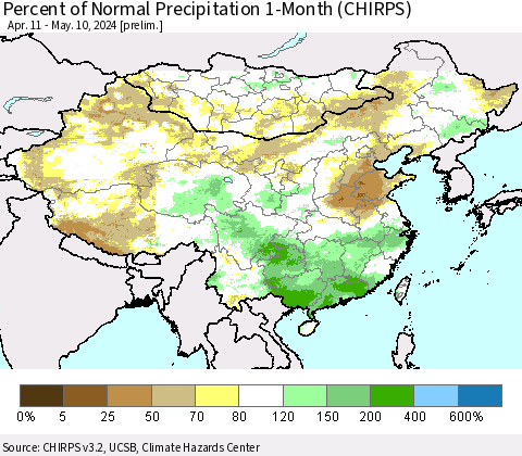 China, Mongolia and Taiwan Percent of Normal Precipitation 1-Month (CHIRPS) Thematic Map For 4/11/2024 - 5/10/2024