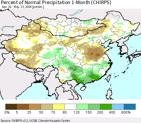 China, Mongolia and Taiwan Percent of Normal Precipitation 1-Month (CHIRPS) Thematic Map For 4/16/2024 - 5/15/2024