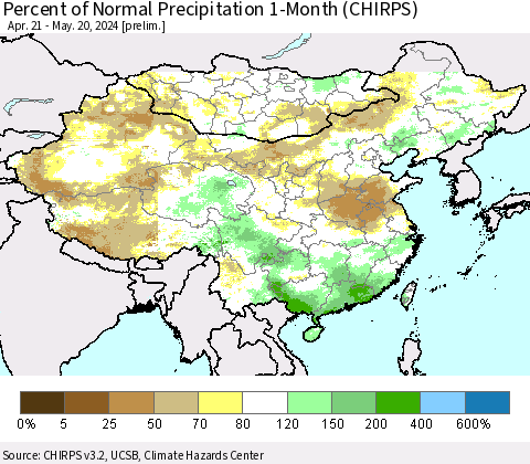 China, Mongolia and Taiwan Percent of Normal Precipitation 1-Month (CHIRPS) Thematic Map For 4/21/2024 - 5/20/2024