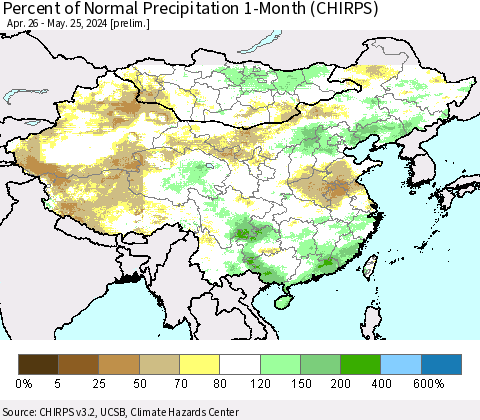 China, Mongolia and Taiwan Percent of Normal Precipitation 1-Month (CHIRPS) Thematic Map For 4/26/2024 - 5/25/2024