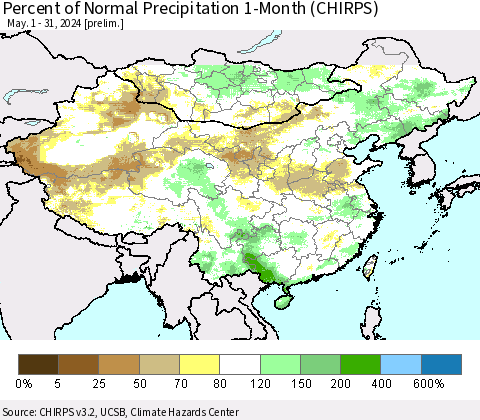 China, Mongolia and Taiwan Percent of Normal Precipitation 1-Month (CHIRPS) Thematic Map For 5/1/2024 - 5/31/2024