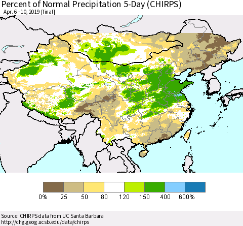 China, Mongolia and Taiwan Percent of Normal Precipitation 5-Day (CHIRPS) Thematic Map For 4/6/2019 - 4/10/2019
