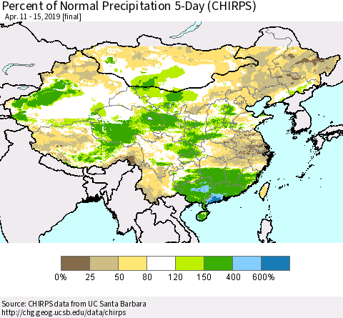 China and Taiwan Percent of Normal Precipitation 5-Day (CHIRPS) Thematic Map For 4/11/2019 - 4/15/2019