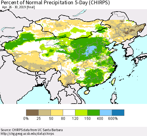 China and Taiwan Percent of Normal Precipitation 5-Day (CHIRPS) Thematic Map For 4/26/2019 - 4/30/2019