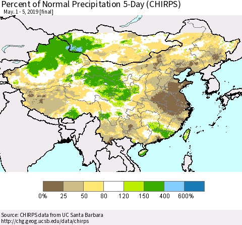 China and Taiwan Percent of Normal Precipitation 5-Day (CHIRPS) Thematic Map For 5/1/2019 - 5/5/2019