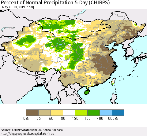 China, Mongolia and Taiwan Percent of Normal Precipitation 5-Day (CHIRPS) Thematic Map For 5/6/2019 - 5/10/2019