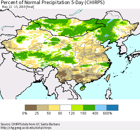 China and Taiwan Percent of Normal Precipitation 5-Day (CHIRPS) Thematic Map For 5/11/2019 - 5/15/2019