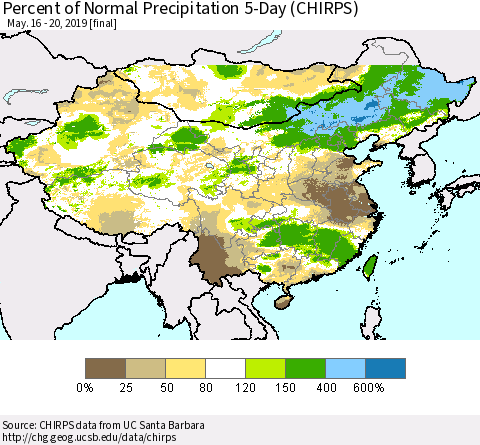China, Mongolia and Taiwan Percent of Normal Precipitation 5-Day (CHIRPS) Thematic Map For 5/16/2019 - 5/20/2019