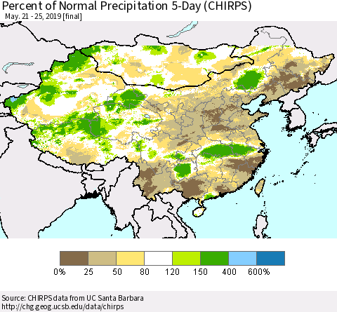 China and Taiwan Percent of Normal Precipitation 5-Day (CHIRPS) Thematic Map For 5/21/2019 - 5/25/2019