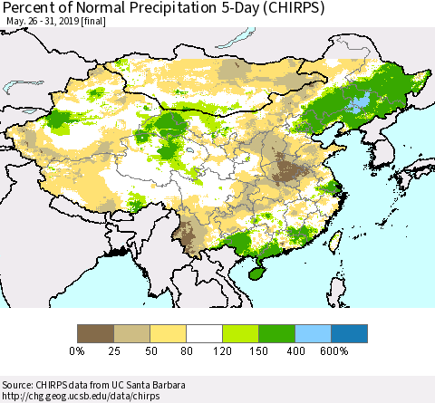 China and Taiwan Percent of Normal Precipitation 5-Day (CHIRPS) Thematic Map For 5/26/2019 - 5/31/2019