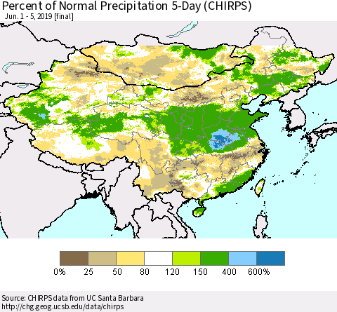 China, Mongolia and Taiwan Percent of Normal Precipitation 5-Day (CHIRPS) Thematic Map For 6/1/2019 - 6/5/2019