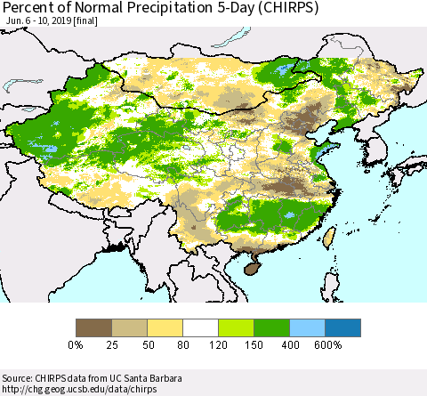 China, Mongolia and Taiwan Percent of Normal Precipitation 5-Day (CHIRPS) Thematic Map For 6/6/2019 - 6/10/2019