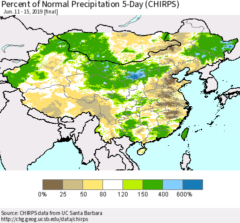 China and Taiwan Percent of Normal Precipitation 5-Day (CHIRPS) Thematic Map For 6/11/2019 - 6/15/2019
