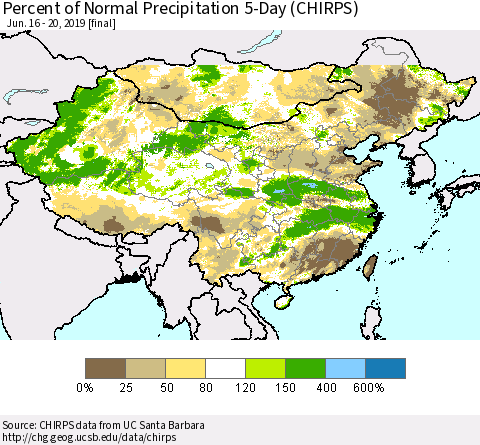 China, Mongolia and Taiwan Percent of Normal Precipitation 5-Day (CHIRPS) Thematic Map For 6/16/2019 - 6/20/2019
