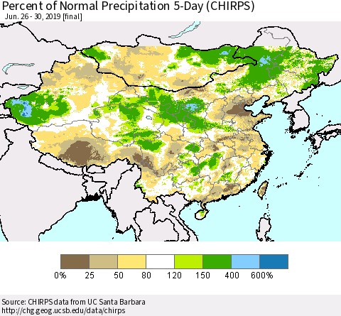 China, Mongolia and Taiwan Percent of Normal Precipitation 5-Day (CHIRPS) Thematic Map For 6/26/2019 - 6/30/2019