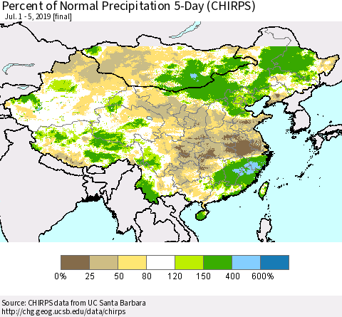 China and Taiwan Percent of Normal Precipitation 5-Day (CHIRPS) Thematic Map For 7/1/2019 - 7/5/2019