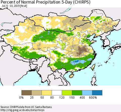 China, Mongolia and Taiwan Percent of Normal Precipitation 5-Day (CHIRPS) Thematic Map For 7/6/2019 - 7/10/2019