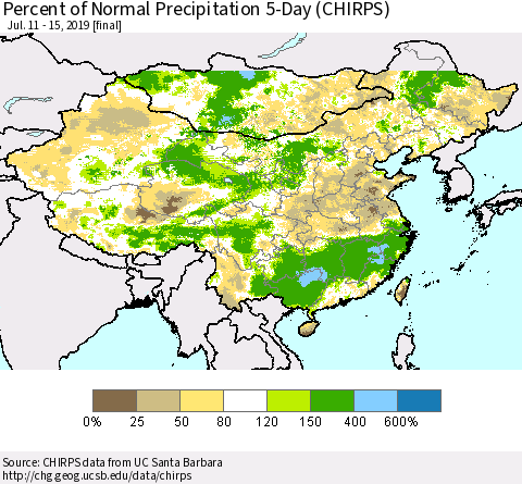 China and Taiwan Percent of Normal Precipitation 5-Day (CHIRPS) Thematic Map For 7/11/2019 - 7/15/2019