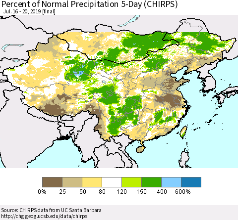 China and Taiwan Percent of Normal Precipitation 5-Day (CHIRPS) Thematic Map For 7/16/2019 - 7/20/2019