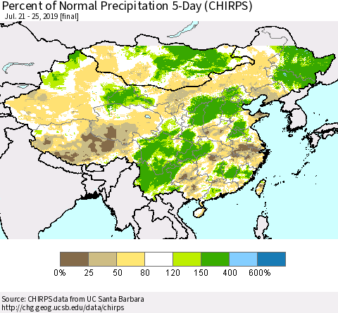 China and Taiwan Percent of Normal Precipitation 5-Day (CHIRPS) Thematic Map For 7/21/2019 - 7/25/2019
