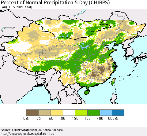 China and Taiwan Percent of Normal Precipitation 5-Day (CHIRPS) Thematic Map For 8/1/2019 - 8/5/2019