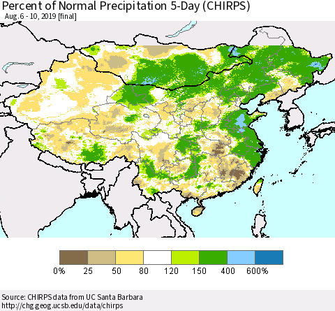 China, Mongolia and Taiwan Percent of Normal Precipitation 5-Day (CHIRPS) Thematic Map For 8/6/2019 - 8/10/2019