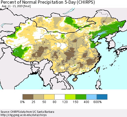 China and Taiwan Percent of Normal Precipitation 5-Day (CHIRPS) Thematic Map For 8/11/2019 - 8/15/2019