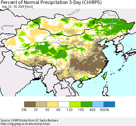 China, Mongolia and Taiwan Percent of Normal Precipitation 5-Day (CHIRPS) Thematic Map For 8/16/2019 - 8/20/2019