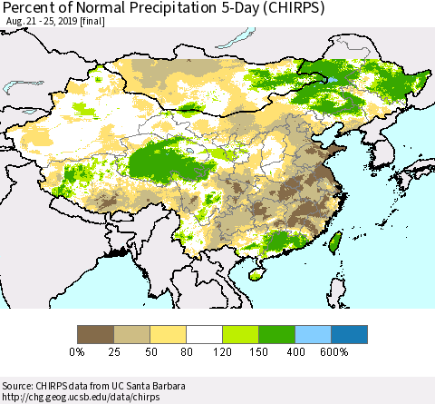 China and Taiwan Percent of Normal Precipitation 5-Day (CHIRPS) Thematic Map For 8/21/2019 - 8/25/2019