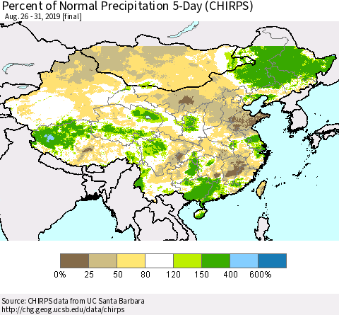 China and Taiwan Percent of Normal Precipitation 5-Day (CHIRPS) Thematic Map For 8/26/2019 - 8/31/2019