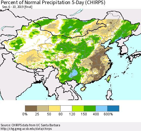 China and Taiwan Percent of Normal Precipitation 5-Day (CHIRPS) Thematic Map For 9/6/2019 - 9/10/2019