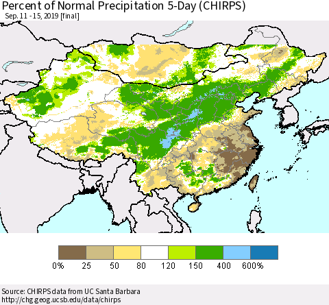 China, Mongolia and Taiwan Percent of Normal Precipitation 5-Day (CHIRPS) Thematic Map For 9/11/2019 - 9/15/2019