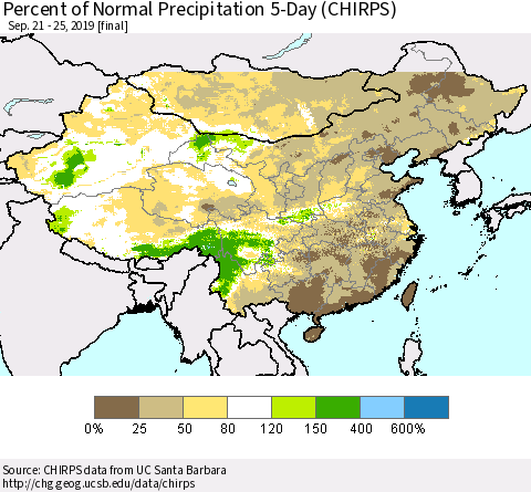 China, Mongolia and Taiwan Percent of Normal Precipitation 5-Day (CHIRPS) Thematic Map For 9/21/2019 - 9/25/2019