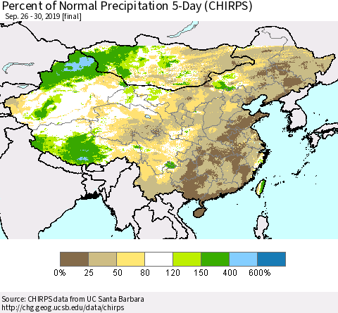 China and Taiwan Percent of Normal Precipitation 5-Day (CHIRPS) Thematic Map For 9/26/2019 - 9/30/2019