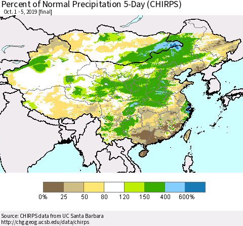 China and Taiwan Percent of Normal Precipitation 5-Day (CHIRPS) Thematic Map For 10/1/2019 - 10/5/2019