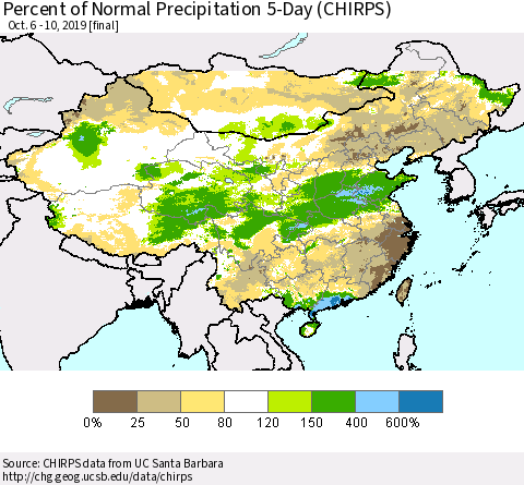 China, Mongolia and Taiwan Percent of Normal Precipitation 5-Day (CHIRPS) Thematic Map For 10/6/2019 - 10/10/2019
