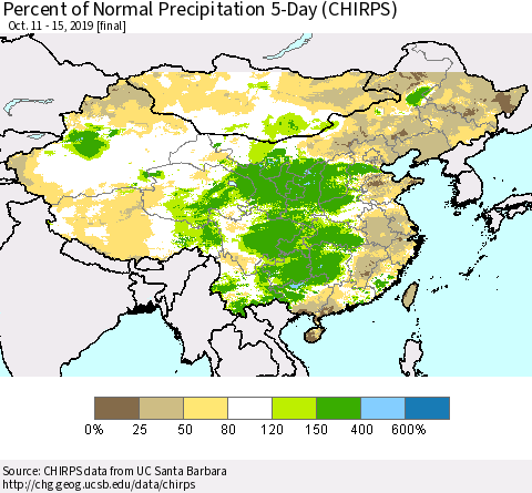 China and Taiwan Percent of Normal Precipitation 5-Day (CHIRPS) Thematic Map For 10/11/2019 - 10/15/2019