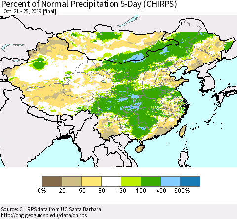 China and Taiwan Percent of Normal Precipitation 5-Day (CHIRPS) Thematic Map For 10/21/2019 - 10/25/2019