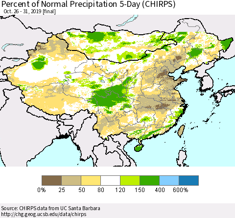 China, Mongolia and Taiwan Percent of Normal Precipitation 5-Day (CHIRPS) Thematic Map For 10/26/2019 - 10/31/2019