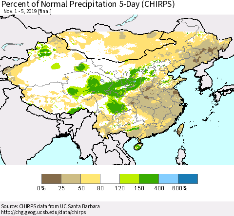 China, Mongolia and Taiwan Percent of Normal Precipitation 5-Day (CHIRPS) Thematic Map For 11/1/2019 - 11/5/2019